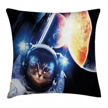 Space Cat Throw Pillow Cushion Cover, Kitten with Space Suit Planets Nebula Supernova Eclipse Artwork, Decorative Square Accent Pillow Case, 18 X 18 Inches, White Orange and Dark Blue, by Ambesonne