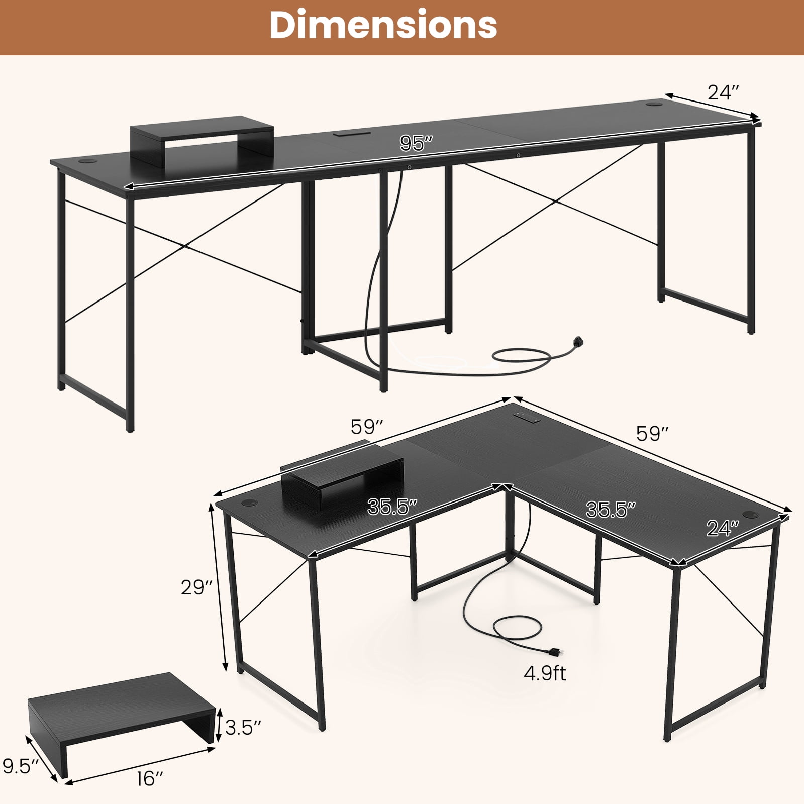 Gymax L-Shaped Reversible Computer Desk 2-Person Long Table w/Monitor Stand Black