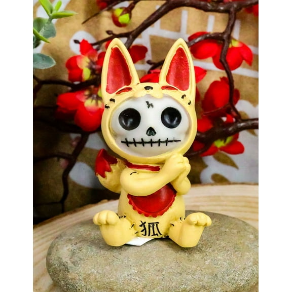 Ebros Japanese Beckoning Fox Maneki Kitsune Furry Bones Figurine 3" Tall