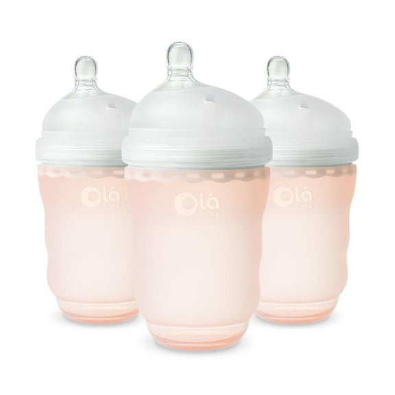 Olababy Gentle Silicone Baby Bottle, Anti-Colic, BPA free, Easy to Clean and Wide Neck Baby Bottles Best for Breast Feeding Babies 3 Piece Set (8 Ounce, Coral)