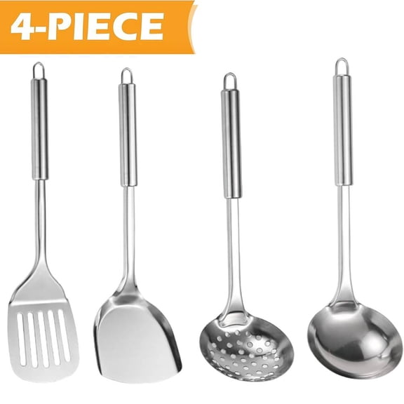 4 PACK Stainless Steel Cooking Utensils Set, Stainless Steel Kitchen Utensils, Include Wok Ladle, Slotted Spoon, Wok Spatula and Slotted Spatula, Dishwasher Safe