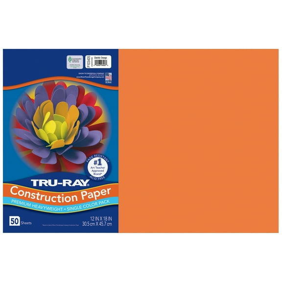 Tru-Ray Construction Paper, Heavyweight, Electric Orange, 12" x 18", 50 Sheets