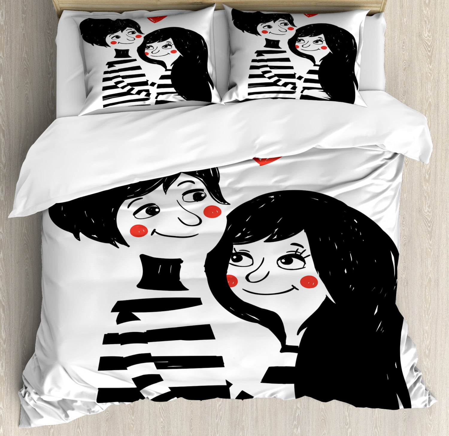 His & Her Side Bedding Set Black and White Couple Duvet Cover Set Valentine 3Pcs 