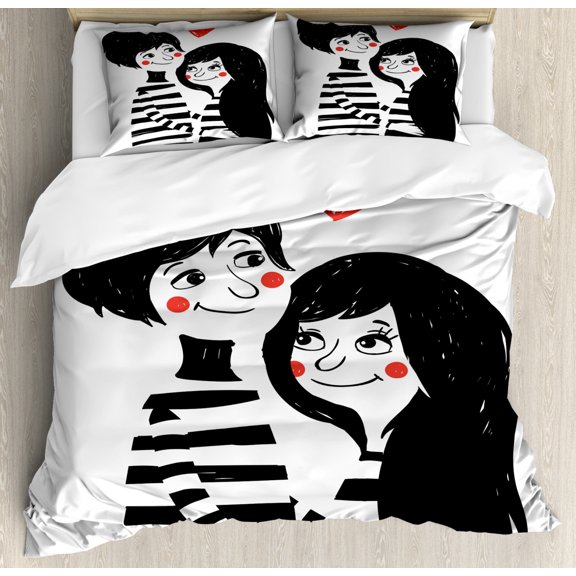 Hipster King Size Duvet Cover Set, Valentines Day Theme Romantic Young Couple in Love Girl and Boy with Heart, Decorative 3 Piece Bedding Set with 2 Pillow Shams, Black White and Red, by Ambesonne