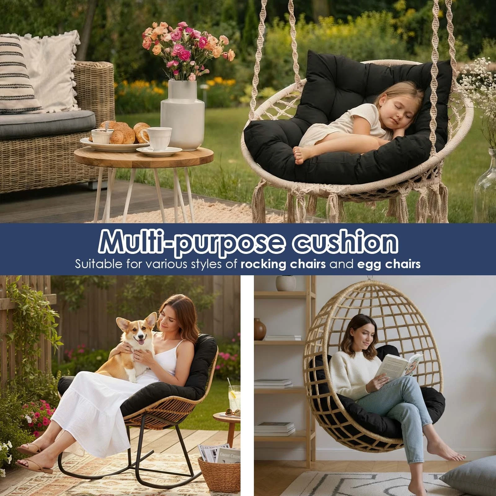 TOPCHANCES Egg Chair Cushion Only, Water-Resistant Outdoor Rocking Chair Cushion, Thick Papasan Seat Cushion with Ties for Patio, Porch, Balcony, Garden (Black)