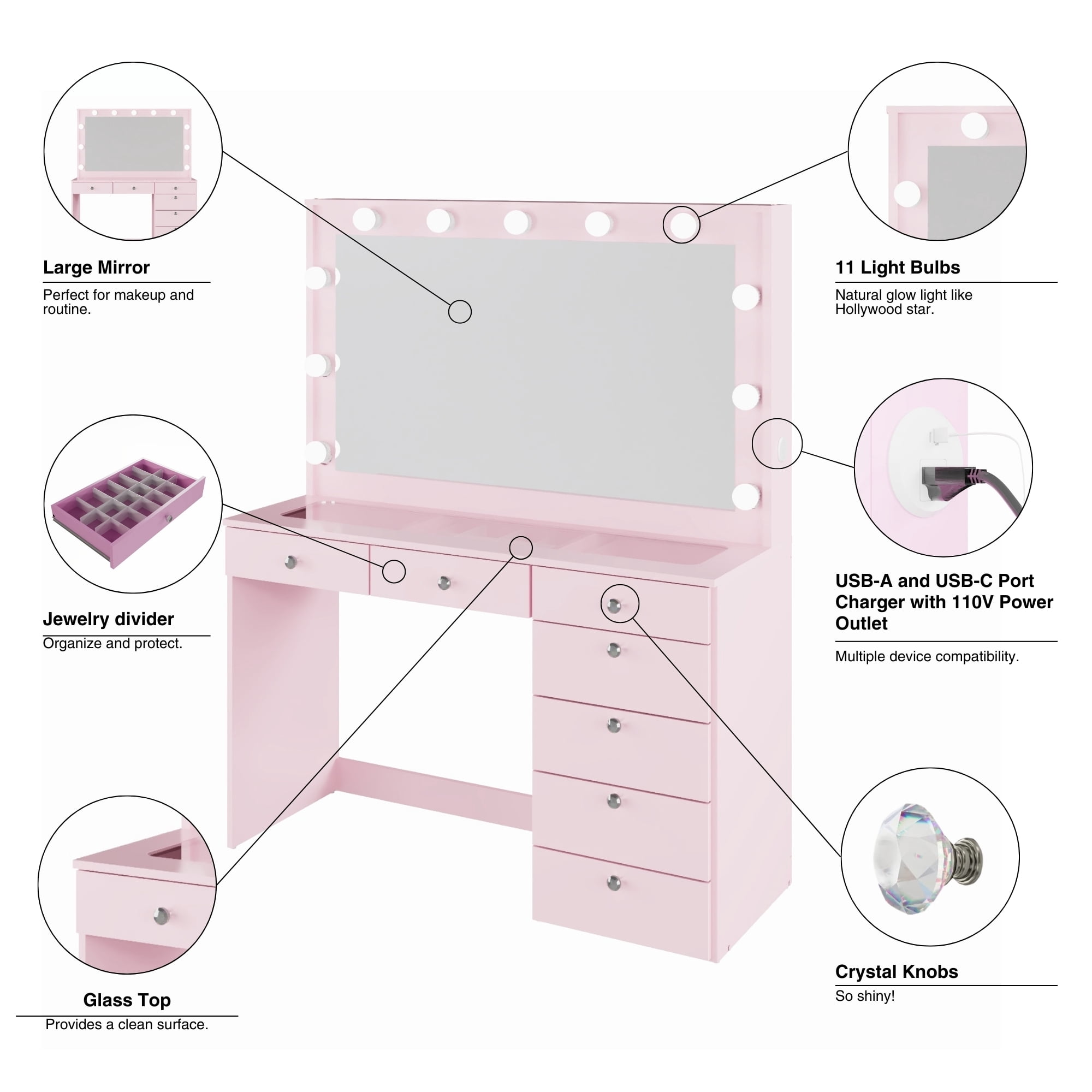 Ember Interiors Pink Makeup Vanity Desk with Lights, USB-C, Glass Top, 7 Drawers
