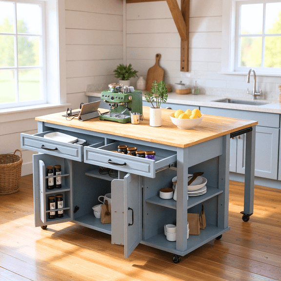 Homy Casa Kitchen Island with Extendable Countertop, Storage, Power Outlet & Drawers,Dinging Room,Grey Blue