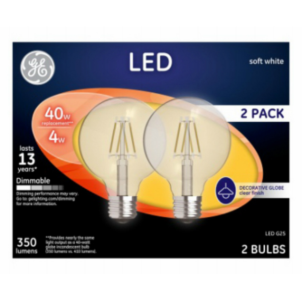 GE 23192 Clear Medium-Base G25 Globe Dimmable LED Bulb, Soft White, 4W, 2-Pack