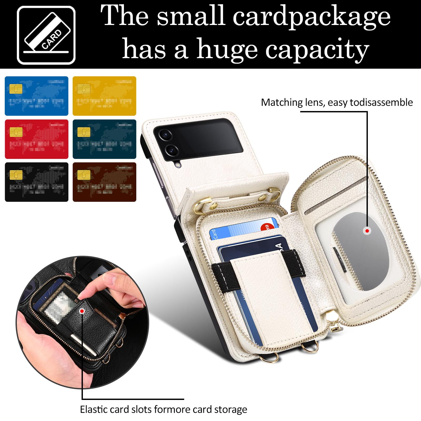 Allytechgroup Zipper Wallet Phone Case for Samsung Galaxy Z Flip 3, with Stylish Crossbody Strap Cards Slots RFID Blocking Shockproof Protective Luxury Case for Girls Women, White