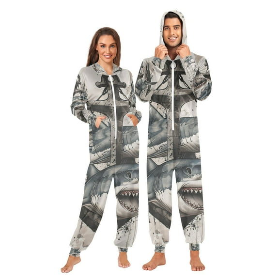 Sharks Anchors Adult Onesie Pajamas Slim Fit Christmas One Piece Suit Pjs for Women and Men Hooded Zipper