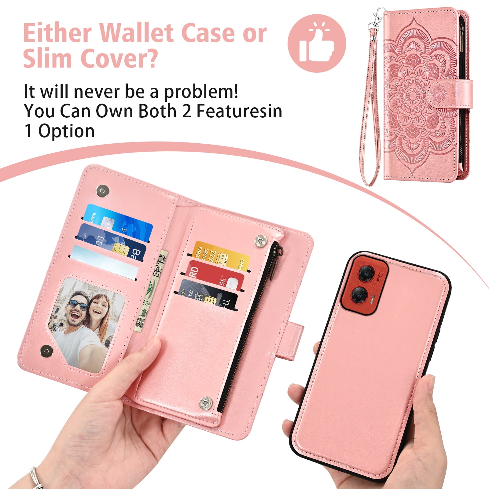 Asuwish Phone Case for Motorola Moto G Stylus 5G 2024 Zipper Wallet Magnetic Detachable Cell Cover with Tempered Glass Screen Protector Crossbody Strap Flower Card Holder Slot G5 Women Girls Pink