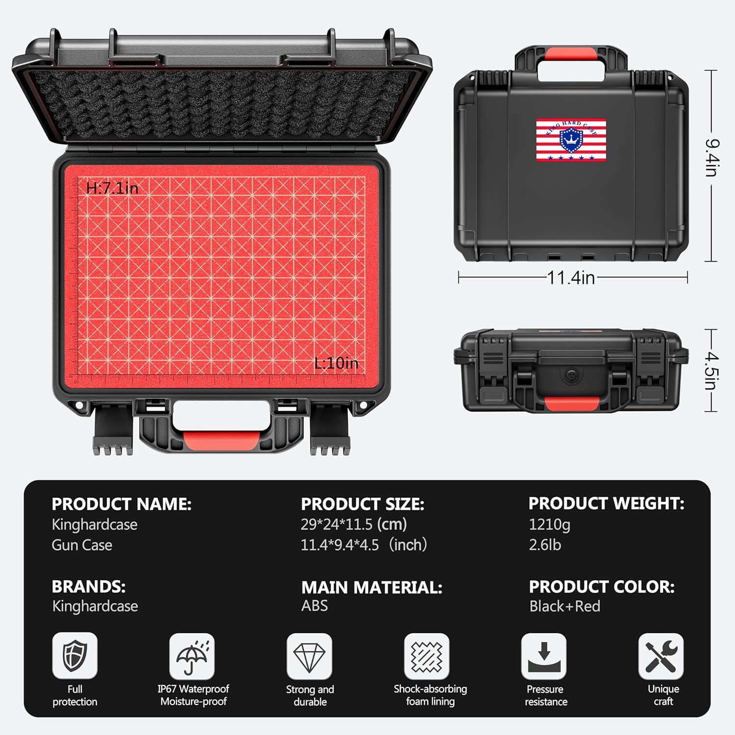 Kinghardcase TSA-Approved Handgun Hard Shell Case – Waterproof, Shockproof & Lockable（Fits 9mm）