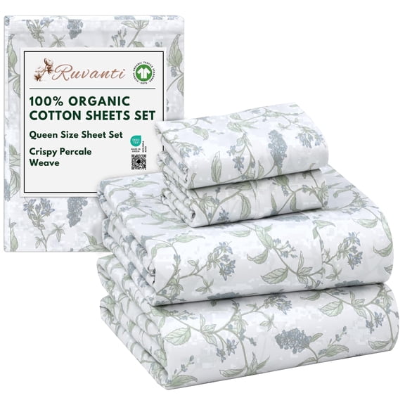 RUVANTI 100% Organic Cotton Sheets - Queen Sheet Set - 4 Piece Percale Weave Bedding, Crisp, Cooling & Breathable, Soft & Durable, 16" Deep Pocket, Hotel Quality Sábanas - Vine Yard