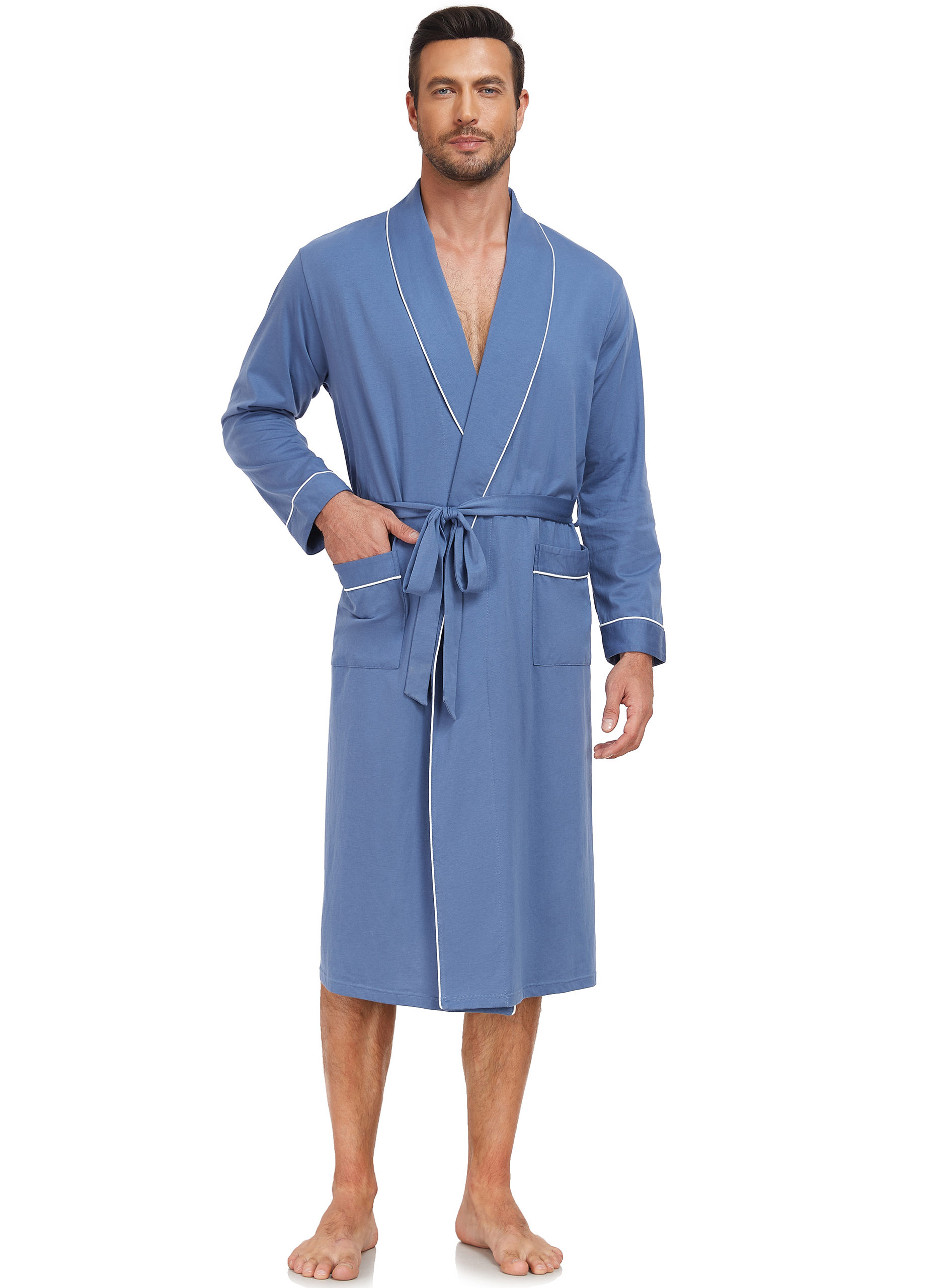 Bata de baño de algodón 100% para hombre, kimono ligero de talle largo con bolsillos, bata de spa de punto acogedor y transpirable, bata de ducha (Azul, L) 2