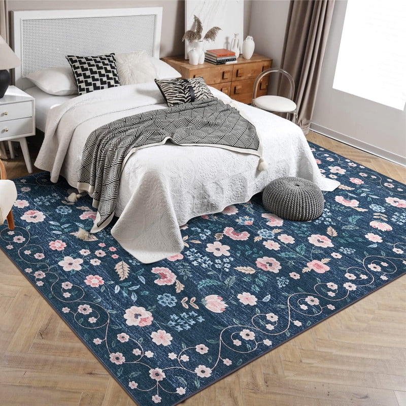 Area Rugs 10'x13' Washable Floral Rugs for Living Room Non Slip Low Pile Carpet for Office Bedroom Kids Room Bedside Black
