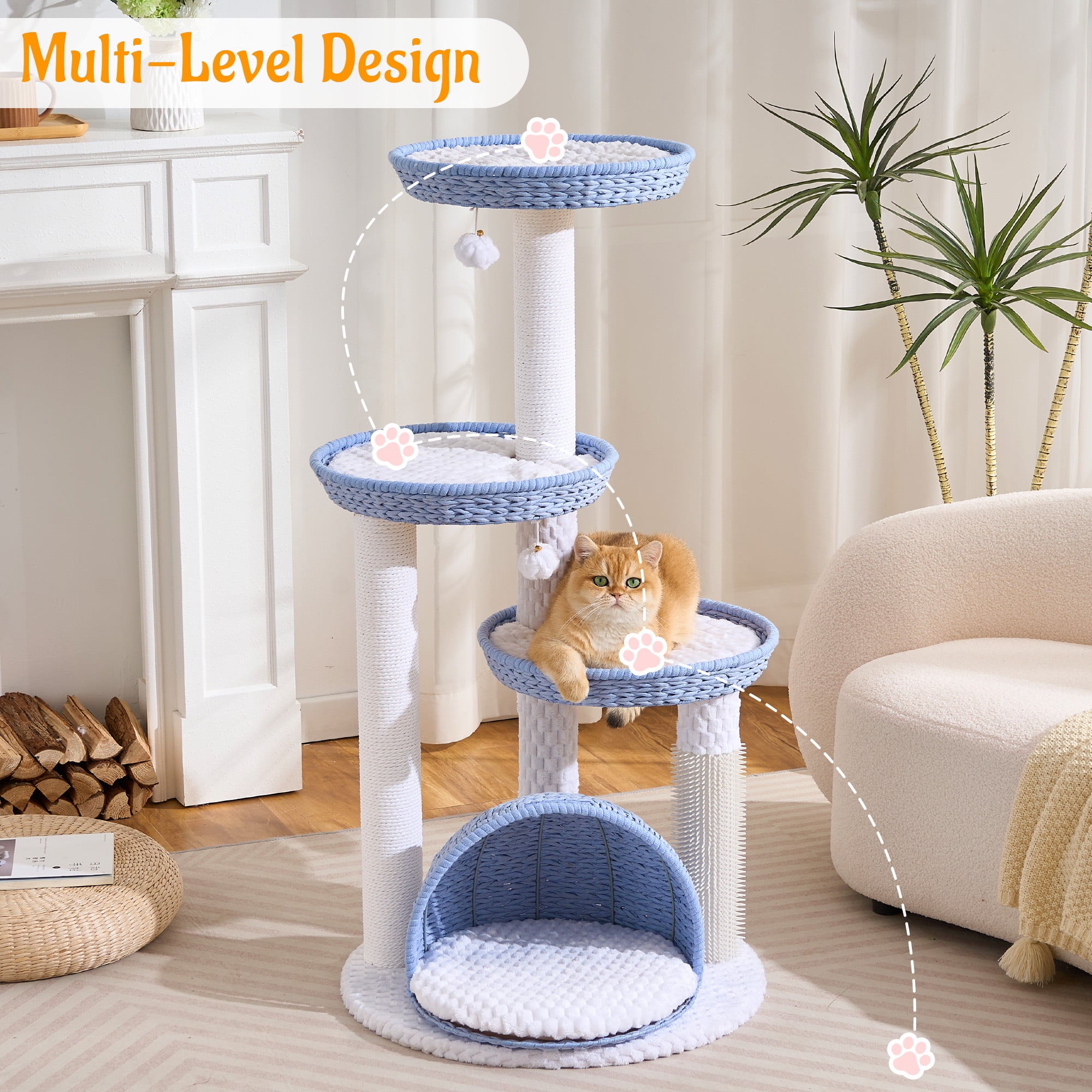 HITTITE Modern Cat Tree Tower with Scratching Post, 46 Inches Tall Cat Towers with Woven Cat Nests and Cave, Removable Cushions and Massage Brush for Indoor Cats Large Adult.