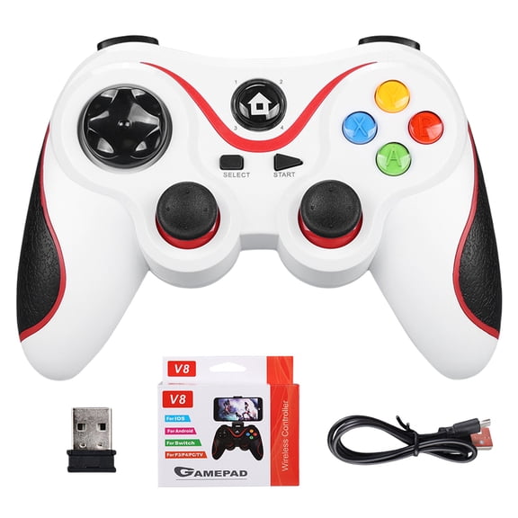 V8 2.4G Wireless Game Controller PC Game Controller Dual Vibration Gaming Controller for Android/iOS/PC/PS3/Switch/Mobile Phone (White)