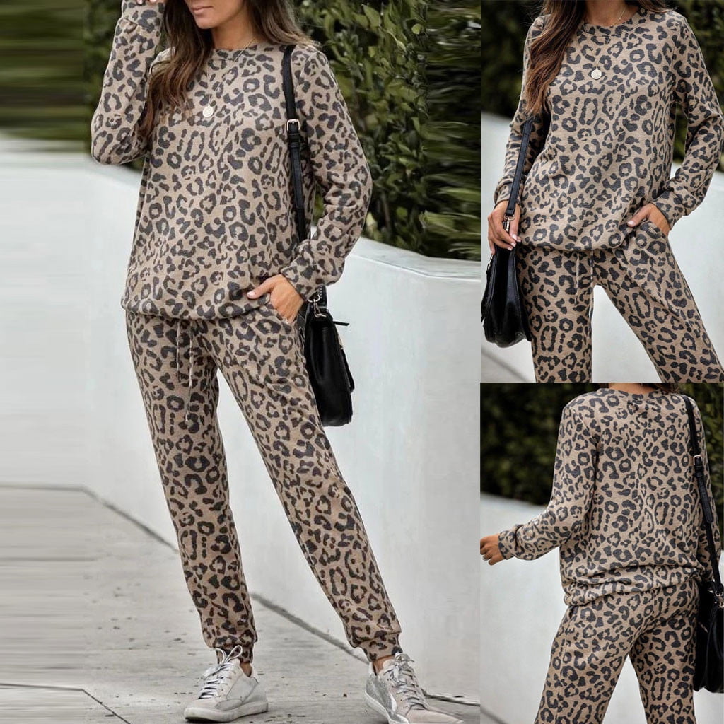 2Pcs Women Tracksuit Leopard Print Pants Sets Leisure Wear Lounge Wear Suit 