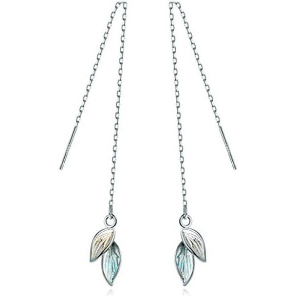 Solid 925 Sterling Silver Leaf Chain Dangle Earrings for Women Teens Leaf Dangle Drop Earrings Threader Tassel