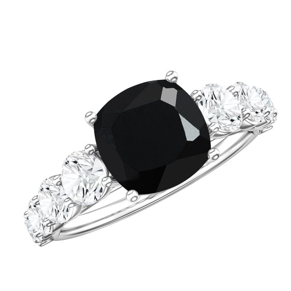 Rosec Jewels Lab Grown Black Diamond Cushion Cut Engagement Ring with Side Stones - 2.8 Ct - AAAA Grade - with Jewelry Box, 925 Sterling Silver, US 4.00