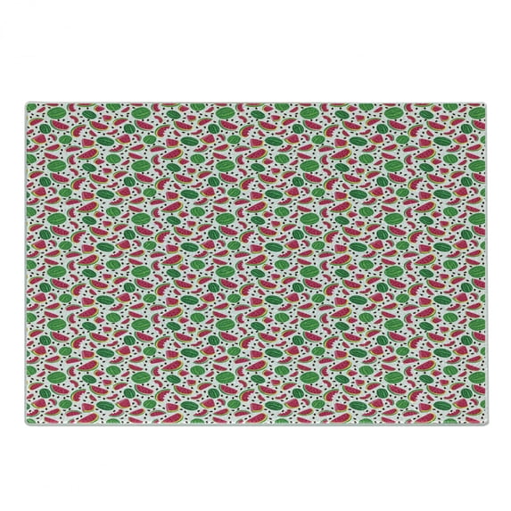 Fruit Cutting Board, Pattern of Summer Themed Full and Half Watermelons Slices and Kernel's, Decorative Tempered Glass Cutting and Serving Board, in 3 Sizes, by Ambesonne