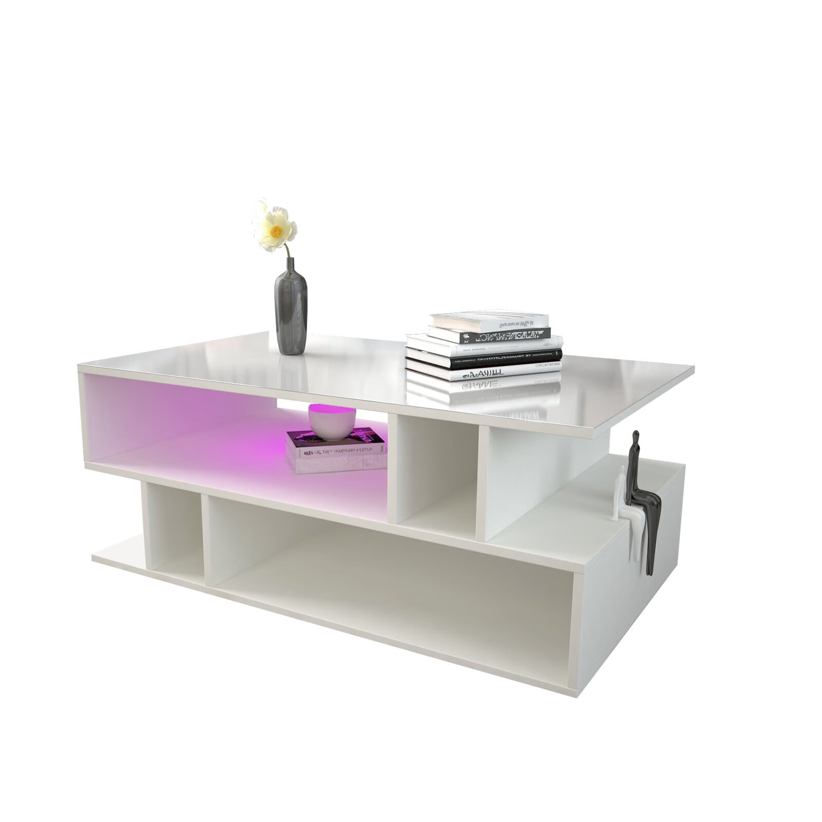 Modern Glossy White Coffee Table With Led Lighting, High Gloss Coffee