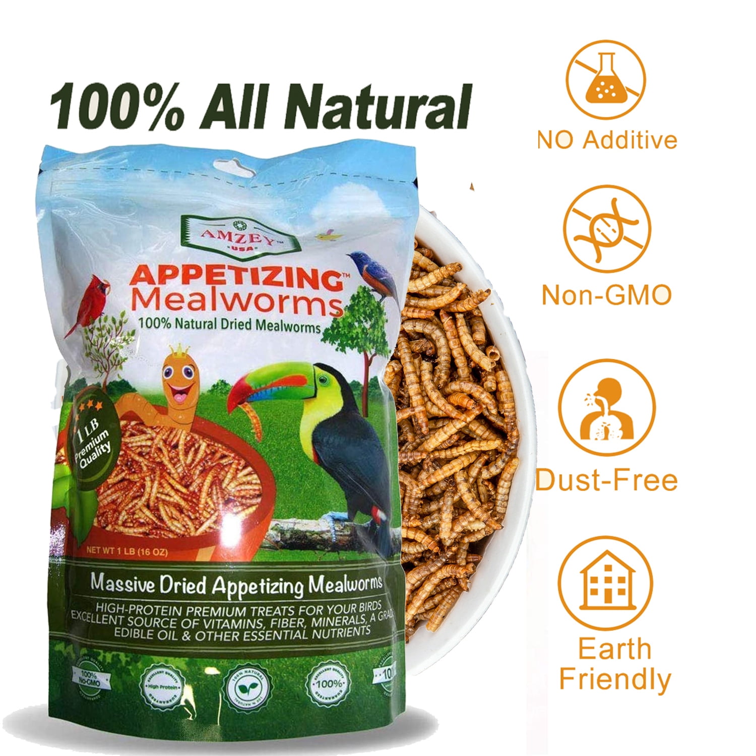 Amzey 2 Pack 1 lb Dried Mealworms for Chickens, Pet Birds, Chicken Feed, Bluebirds Food, Parakeet Food, Wild Birds Food, 2 lbs Total