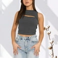 thumbnail image 2 of Ribbed Crop Tank Tops for Women Crew High Neck Sleeveless Cutout Hollow Out Slim Solid Trendy Shirts Girls Streetwear Gray L, 2 of 7