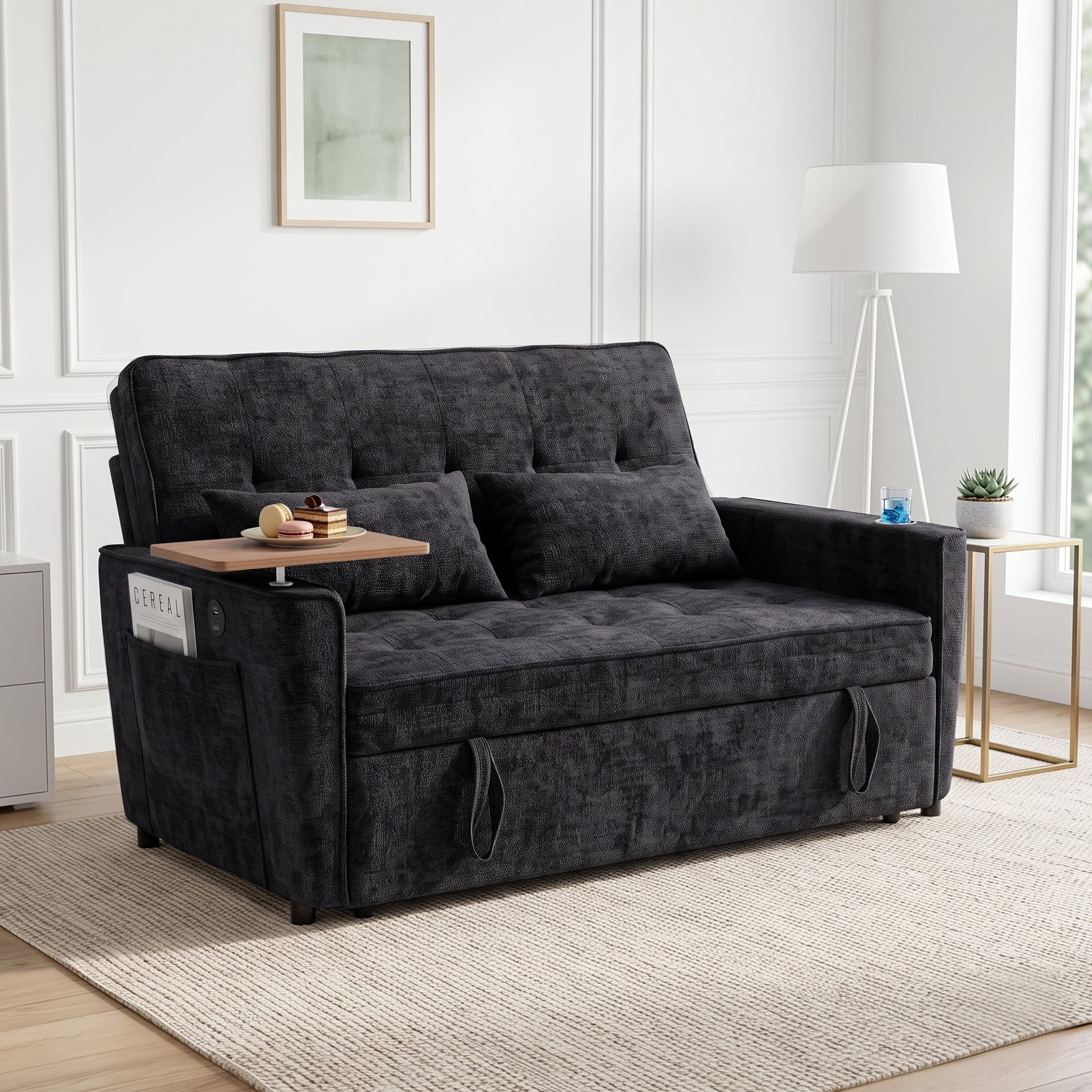 AISWORD 54" Convertible Pull Out Sleeper Sofa Bed, Chenille Loveseat Couch with USB Port, Side Tray Table, Cup Holder, Storage Pockets & Adjustable Backrest for Small Spaces, Black