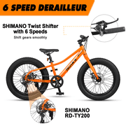Glerc Mars Kids Mountain Bike, 20 Inch Fat Tire Bike for Teen Ages 6-12 Year Old, Bicycle with 2.8-Inch Wide Tires and 6 Speed Drivetrain,Orange