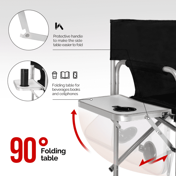 Folding Director Chair with Side Table & Storage Pockets, 41"x23.6"x26.4" Heavy Duty Spray-Coated Metal Frame Makeup Artist Chair, Supports 300 LBS, Black Oxford Fabric, No Carry Bag