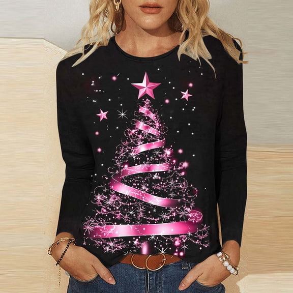 asdoklhq Women Sweatshirt Women's Casual Christmas Print Round Neck Long Sleeve T-Shirt Loose Top Multicolor 3X