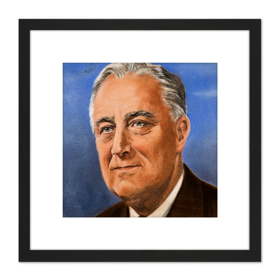 Tymim Faces WWII War Us President FDR Roosevelt 8X8 Inch Square Wooden Framed Wall Art Print Picture with Mount