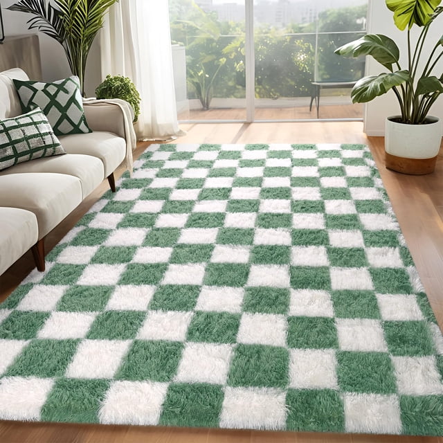 Alfombra FALARK a cuadros para dormitorio, 120 x 180 cm, color verde salvia y blanco