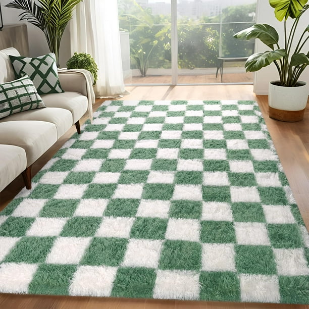 Alfombra FALARK a cuadros para dormitorio, 120 x 180 cm, color verde salvia y blanco