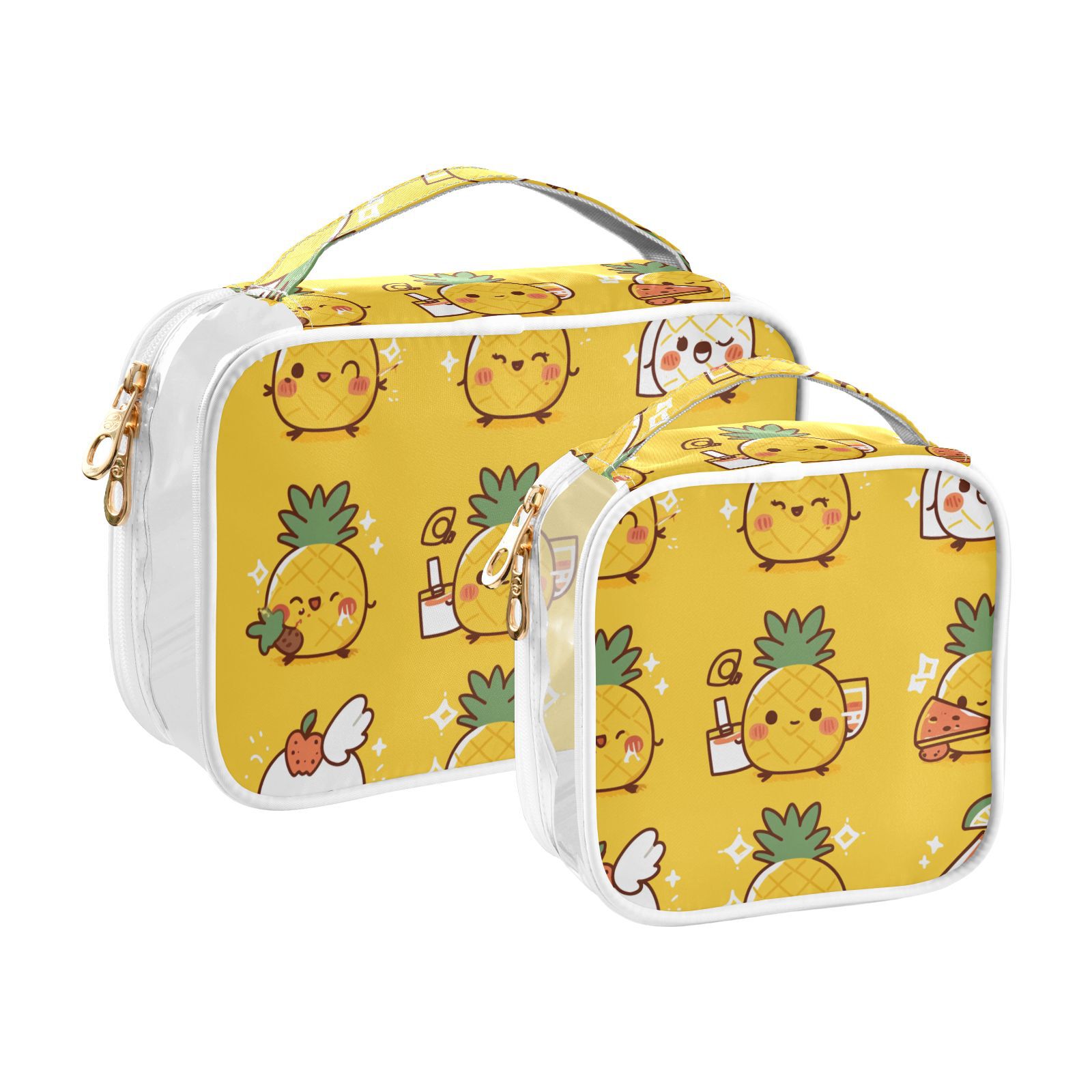 Clear Makeup Bags with Handle Large Opening 2 Pack Set Toiletry Bag Quart Size Bag, for Women Man Traveling Travel Essentials, Toiletries and Other. Cute Smiley Pineapple Watermelon