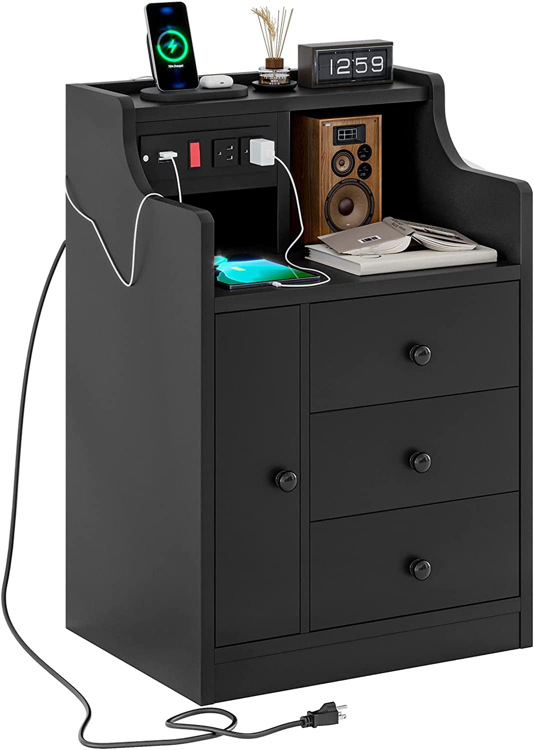 ADORNEVE Nightstand 3 Drawer with Charging Station USB Port, Bedside