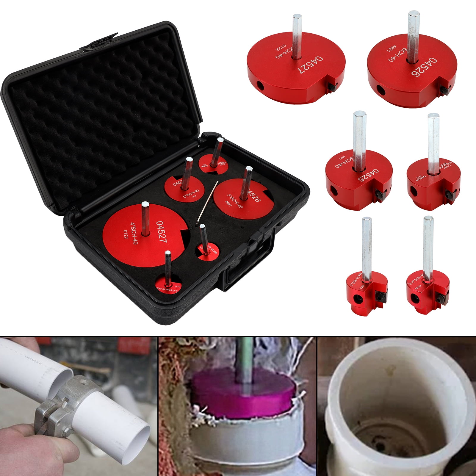 6 PCS  Plastic Pipe Fitting Reamer kIt04529 for PPRK, PVC Reed Pipe Reamer Kit Contains 3/4",1",1-1/2",2",3",4" Aluminum Head Fit into Standard 1/2" Drill for CPVC, PPR or ABS