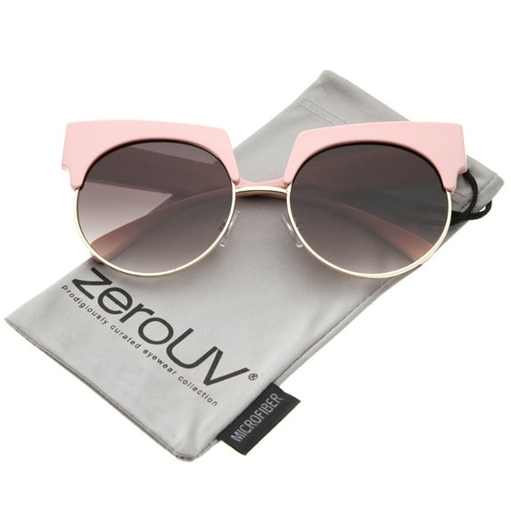 zeroUV Female Oversize Bold Brow Wide Temple Round Lens Half-Frame Cat Eye Sunglasses 57mm (Pink-Gold / Lavender) - 57mm