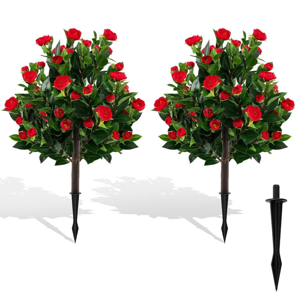 GVN 2 Pack 31 Inch Faux Camellia Plants Decorative with Fake Flower, Artificial Plant for Patio, Garden, Front Door, Balcony, Backyard, Green & Red