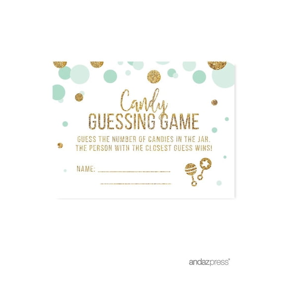 Candy Guessing Game Cards Mint Green Gold Glitter Baby Shower Game Cards, 30-Pack