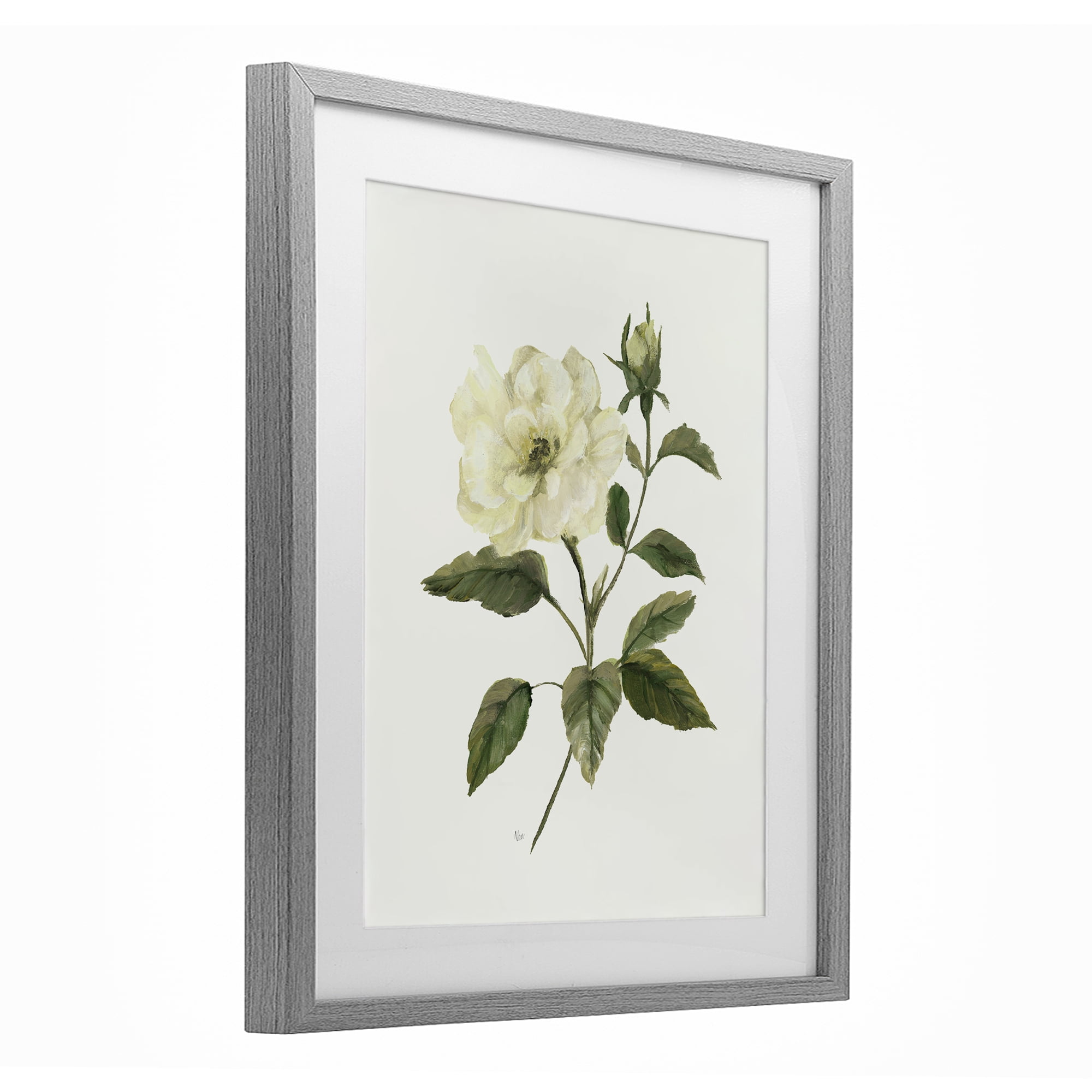 Stupell Industries Ivory Rose Bloom With Green Foliage Gray Framed Print Under Glass, design by Nan