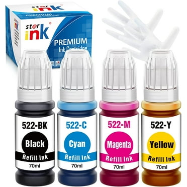522 T522 Ink Bottle for Epson 522 T522 Refill Ink for EcoTank ET-2720 ET-4700 ET-2800 ET-2803 ET-4800 Printer (Black, Cyan, Magenta, Yellow 4-Pack)