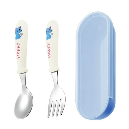 

Cartoon Spoon Fork With Box Cute Cutlery Toddler Dinnerware Tableware Set Children Utensil Stainless Steel WHITE BLUE BOX