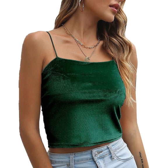 Women's Velvet Spaghetti Strap Cami Crop Top Sleeveless Casual Tank Tube Tops - Green