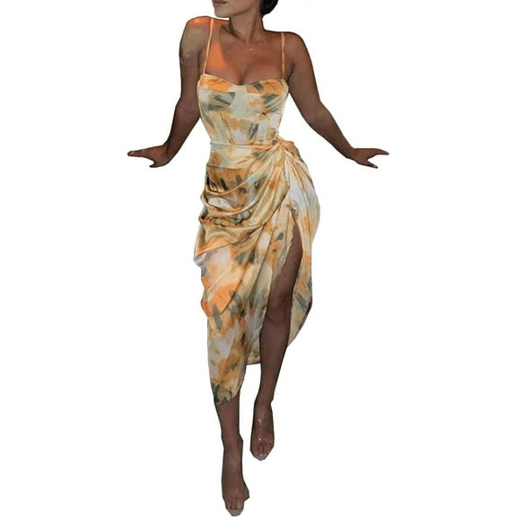 HLSOHJP Women's Ruched Abstract Print Satin Dress Sleeveless Spaghetti Straps Pineapple High Split Asymmetric Midi Dress