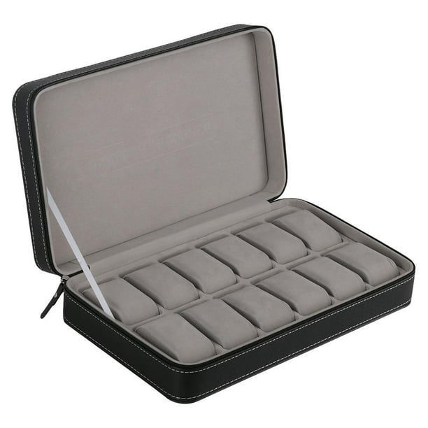- Caja de Piel Sintética Negra con Puntada Y Cremallera para Almacenamiento de Reloj de , 12 Ranuras