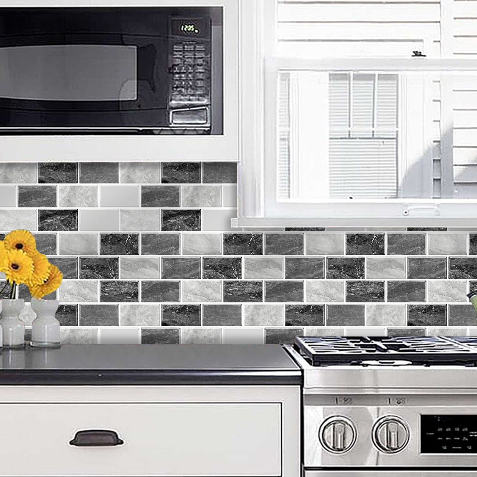 DEWOO Peel and Stick Backsplash - 10 Sheets of 12"×12" - 3D Adhesive Peel and Stick Tile Backsplash for Kitchen, Bathroom, Wall Tile, Black Gray