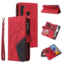 YEYKX for Samsung Galaxy A21 Wallet Phone Case with 9 Card Holder Zipper Pocket, Magnetic Closure Premium Folio PU Leather Flip Case with Wrist Strap for Samsung Galaxy A21,Red,For Galaxy A21