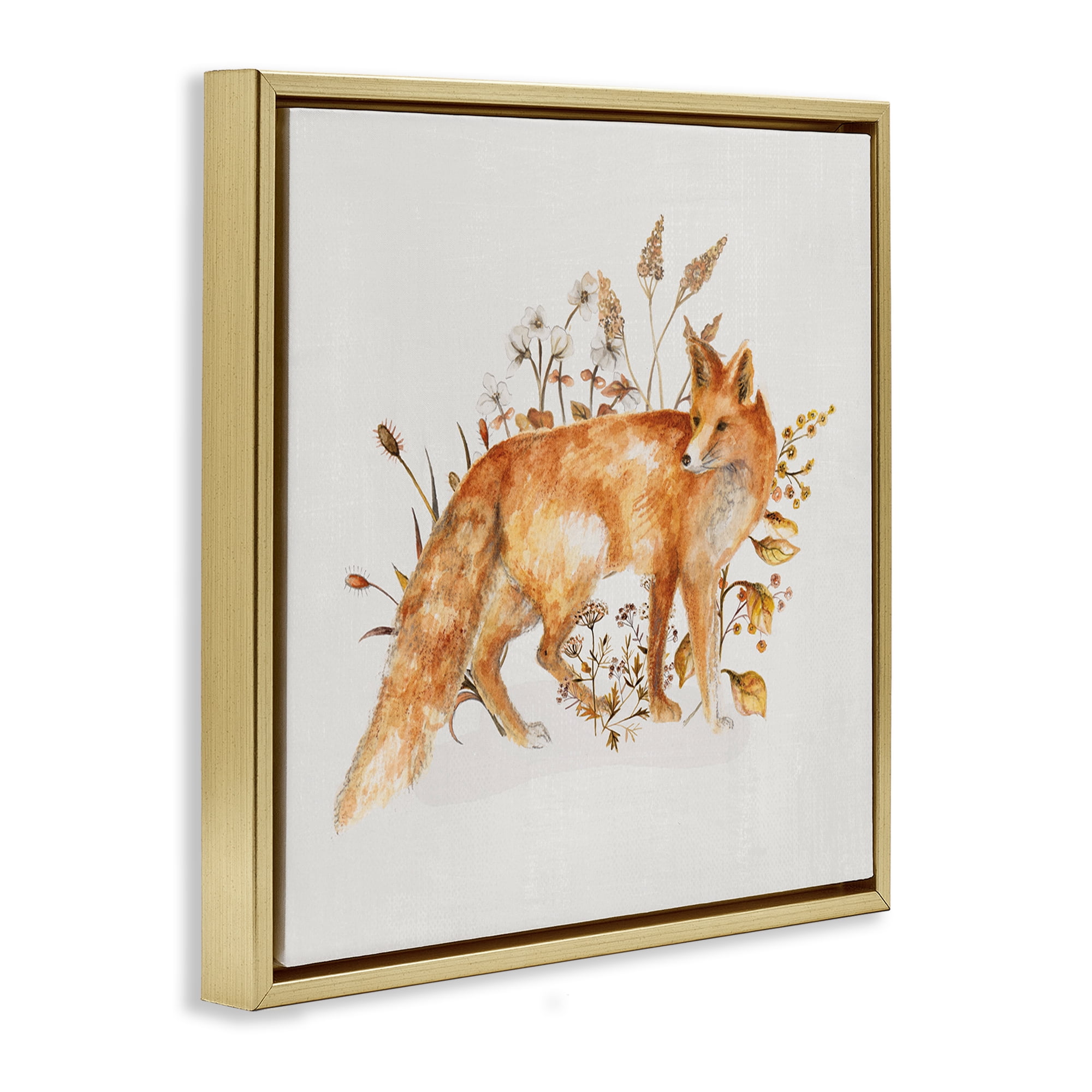 Stupell Industries Forest Fox & Botanicals Animals & Insects Painting Gold Floater Framed Canvas Art Print Wall Art, 18 x 18